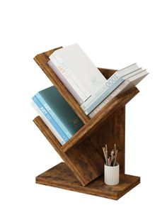 a wooden desk organizer with books and pencils in it