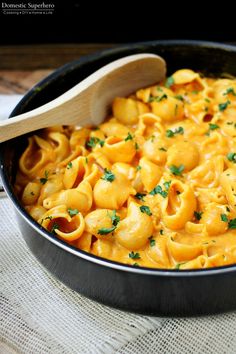 a skillet filled with macaroni and cheese