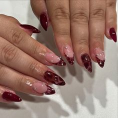 Gel-X 🧚🏽‍♀️ | gel x set • inspo recreation • medium almond #nailsnailsnails #gelxnails #fallnails | Instagram Fall Nails Gel X Almond, Red Nails With French Tip, Acrylic Nails Dark Red, Almond Polygel Nails, Medium Almond Nails Designs, Nails With Burgundy, Burgundy Nail Designs Classy, Short Almond Designs, Burgundy Nails With Design