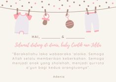 baby clothes hanging on a line with the words, happy birth day and congratulations written below