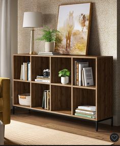 a book shelf with books, plants and pictures on it