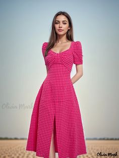 Olivia Mark - Stylish Vintage Grid Pattern Maxi Dress - Elegant Lady Dress Fitted V-neck Midi Dress For Picnic, Fitted Knee-length Midi Dress For Picnic, Pink Fitted Midi Dress For Picnic, Chic Pink Dress For Picnic, Fitted Pink Midi Dress For Picnic, Pink Fitted Dress For Picnic, Fitted Pink Dress For Picnic, Feminine Pink Dress For Picnic, Pink Midi Dress For Picnic