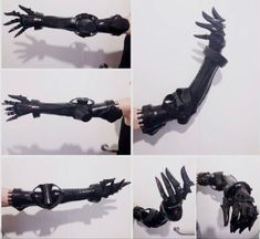 four photos of hands and arms made out of black plastic with metal parts attached to them