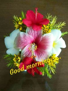 a pink and white flower bouquet with the words good morning