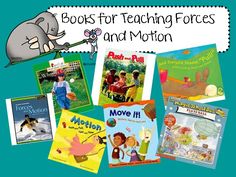 books for teaching forces and motion with an elephant on the back ground, surrounded by other children's books