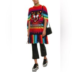 Insanely Amazing Colorful Rainbow Gucci Poncho Made Of 100% Wool And With A Tiger Head And Crystals In Front. It’s Insanely Well Made And Sure To Turn Heads. Trimmed With Colorful Tassels. This Is New Never Worn But There’s A Small Mark On One Id Tigers Cheeks, Hard To Notice Due To Vibrant Colors Of The Piece. Size L Or Medium Would Also Fit Easily For More Oversized Look. This Is 36” Long. Sold Out Everywhere Online Retail Was $3287 Plus Tax Everything In My Closet Is Authentic And Pm Will Aut Gucci Red Winter Outerwear, Red Gucci Winter Outerwear, Gucci Multicolor Outerwear For Fall, Gucci Multicolor Fall Outerwear, Red Gucci Outerwear For Fall, Gucci Poncho, Colorful Tassels, Gucci Jacket, Wool Poncho