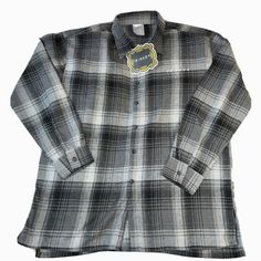 Friends Television Series - Long Sleeve Button Down Flannel Shirt - Size L - Classic Plaid Button-up Top, Classic Flannel Button-up Shirt, Classic Oversized Button-up Flannel Shirt, Classic Flannel Shirt With Button Closure, Gray Button-up Shirt For Winter, Classic Oversized Shirt For Winter, Classic Oversized Winter Shirt, Classic Flannel Shirt With Snap Buttons, Gray Fall Shirt With Button Closure