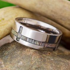 Titanium Ring With A Deer Antler Cross Inlay-2869 - Jewelry by Johan Antler Wedding Rings, Ring Armor, Jewelry By Johan, Inlay Jewelry, Engraving Fonts, Rustic Rings, Titanium Ring, Titanium Jewelry, A Deer