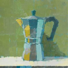 an oil painting of a coffee pot on a counter top with green background and blue stripes