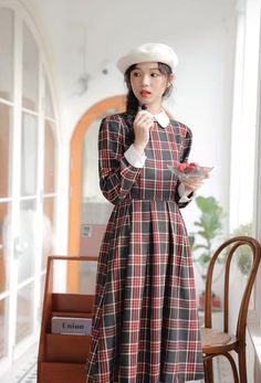 Vintage inspired full plaid dress with contrasting collar and cuffs. Concealed back zipper with waist ties. S: 33.5" chest, 28" waist, 43" lengthM: 35" chest, 29.5" waist, 43" lengthL: 36.5" chest, 31" waist, 43.5" lengthXL: 38" chest, 32.5" waist, 43.5" length Plaid Midi Length Dress For Work, Workwear Midi Length Plaid Dress, Fitted Plaid Preppy Dress For Fall, Fitted Plaid Dress For Fall, Preppy Style, Fitted Plaid Dress For Fall In Preppy Style, Midi-length Plaid Dress For Fall, Winter Plaid Collared Dresses, Preppy Plaid Dress For Fall, Winter Plaid Dress For Workwear