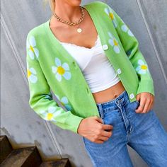 Floral Pattern Drop Shoulder Cardigan Cute Green Outfits, White And Orange Flowers, Denim Bottoms, Drop Shoulder Cardigan, Cardigan Green, Women's Cardigans, Keep It Cool, Danish Pastel, Vampire Academy