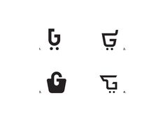 four black and white icons with shopping carts in the bottom left hand corner, top right