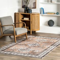 a living room area with a chair, book shelf and rug