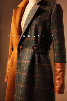 Tweed Coat for Women This pleated waist and knee-length coat is a timeless piece, handmade by Mary Grace Godfrey and will be as memorable in ten years as the first time it is worn. A stunning addition to the Anagrassia Atelier, the coat's high quality English tweed, English gold satin wool, and Italian leather cuffs literally bring the warmth of the fall and holiday season.  See chart for standard sizing. If you are unsure of a size or need petite/tall sizing, please email Mary Grace your measur Plaid Outerwear, Plaid Wool Coat, Knee Length Coat, Color Block Jacket, Tweed Coat, Plaid Coat, South Bend, Custom Jacket, Gold Satin