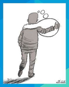 a drawing of a man walking with an object in his hand and thought bubble above his head