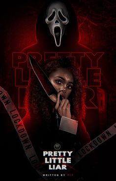 a woman holding a knife in front of her face with the words pretty little liar written on it