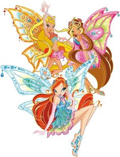 three fairy girls with wings and dresses