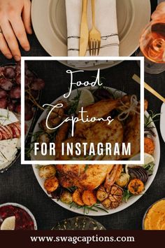 food captions for instagrams on the table with wine, bread and fruit