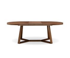 an oval wooden table with two intersecting legs and a circular top, on a white background