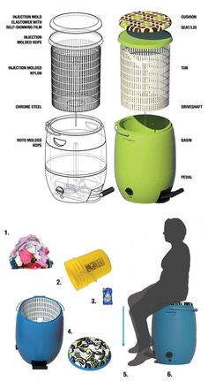 various types of trash cans are shown in this graphic style, including one with a person sitting on it