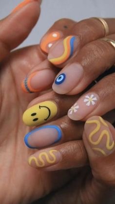 May Themed Nails, Funky Nails 2023, Funky Nail Art Short Nails, Retro Style Nails, European Summer Nails 2023, Happy Face Nails Art, Nails Acrylic Abstract, Smiley Face Nails Aesthetic, Weird Nails Design