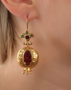 Handmade earrigns made out bronze ,plated by 18K-24K gold,Oxidized to have a unique historical The needle part is made out silver to avoid allergy. Ottoman earring pomegranate is very beautiful, it has a meaning of health and abundance, it is a museum earring. Traditional Jewel Earrings For Gift, Traditional Jeweled Earrings As Gift, Traditional Jeweled Earrings For Gifting, Traditional Jeweled Earrings For Gifts, Antique Jeweled Earrings For Gift, Handmade Antique Garnet Jewelry, Red Byzantine Jewelry As Gift, Red Byzantine Jewelry Gift, Red Byzantine Style Jewelry Gift