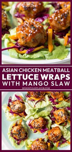 These Asian Chicken Meatball Lettuce Wraps with fresh mango slaw are a healthy and easy dinner recipe perfect for the whole family! It's one of the best chicken recipes for dinner to try at home! Asian Chicken Meatballs Healthy, Fancy Healthy Dinner, Asian Lettuce Wraps Chicken, Meatball Wraps, Meatball Lettuce Wraps, Meatball Meals, Thai Chicken Meatballs, Asian Chicken Meatballs, Saucy Chicken