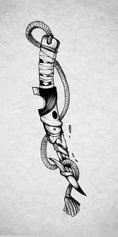 a black and white drawing of a snake wrapped around a tube with a hook on it