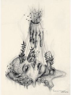 a pencil drawing of a person laying on the ground with plants growing out of their head