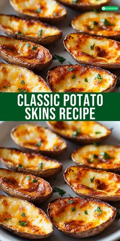 an image of baked potato skins with parsley on top and the words classic potato skins recipe above it