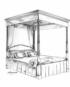 a drawing of a four poster bed with canopy