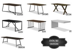 different types of tables with names on them