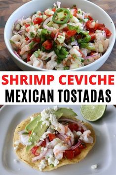 shrimp ceviche mexican tostadas with avocado and cilantro