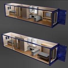 two renderings of a kitchen and living room in a shipping container