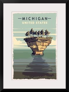 michigan state poster with trees on an island in the middle of water and clouds above it