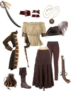 an assortment of costume and accessories including boots, hat, gloves, necklaces, belt