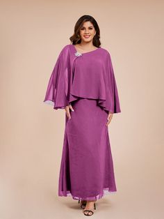 Orchid Formal Flowy Chiffon Mother Of The Bride Dress, Formal Flowy Georgette Mother Of The Bride Dress, Flowy Georgette Mother Of The Bride Dress For Wedding, Elegant Chiffon Georgette Dress For Wedding Guest, Purple Chiffon Dress For Wedding, Purple Chiffon Wedding Dress, Elegant Chiffon Mother Of The Bride Dress, Chiffon Evening Dress For Mother Of The Bride, Elegant Formal Georgette Mother Of The Bride Dress