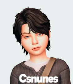 an animated image of a boy with black hair and blue eyes wearing a brown shirt