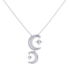 "It's all glitz and glam with the Twin Nights Necklace. Crafted in 925 Sterling Silver, this necklace features 100% natural, genuine diamonds. 0.08 carats of diamonds are used in individual plate prong and collet prong settings. This necklace is also offered in 14 KT Yellow Gold Vermeil, which gives the piece a long-lasting shelf-life. This necklace is 18\" long and uses a cable chain with lobster clasp. The motif is 27.3 mm long and 13 mm wide. This necklace is beautifully presented with the in Silver Pendant Necklace With Single Cut Diamonds, Sparkling Diamond White Gold Necklace, Celestial Cubic Zirconia Pendant Necklace, Silver Sterling Necklace With Single Cut Diamonds, Sterling Silver Diamond Necklace With Pave Setting, Silver Pendant Charm Necklace With Diamond Accents, Celestial Pendant Necklace With Diamond Accents, Sterling Silver Charm Necklaces With Diamond Accents For Anniversary, Sterling Silver Charm Necklace With Diamond Accents For Anniversary