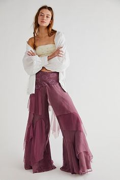 Stunning and ethereal, these so special pants are featured in a fluttery, tiered silhouette with lace piecing at the waistband and multilayered tulle design for added shape.* High-rise fit* Hidden side zip closure* Semi-sheer detailing Flowi Pants, Printed Blouses, Chiffon Pants, Boho Pants, Flowy Pants, Boho Clothing, Boho Outfits, Fashion Inspo Outfits, Dress To Impress