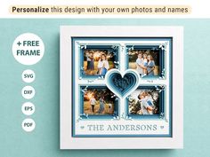 the personalized photo frame is shown with three photos in it and has a heart