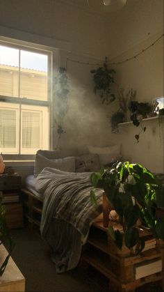 a bed sitting in a bedroom next to a window with plants on the windowsill