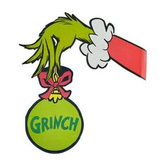 the grinch ornament is hanging from a red ribbon on a white background