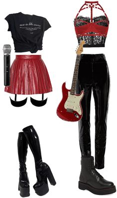 Rockstar Outfits For Women, Drummer Outfits, Mcr Concert Outfit, Glam Metal Aesthetic, Punk Rock Concert Outfit, Female Rockstar Outfit, 80s Rocker Chick Outfit, 80s Rocker Chick