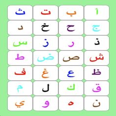 an arabic alphabet game with multiple letters and numbers in different colors, including one green background