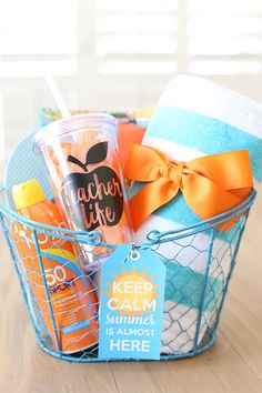 a basket filled with personal care items on top of a wooden table