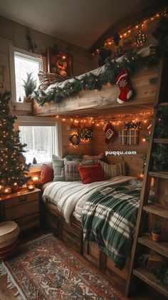 a bedroom decorated for christmas with lights on the ceiling and a ladder to the bed