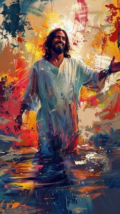 jesus walking in the water with his arms spread out and hands extended, painted by an artist