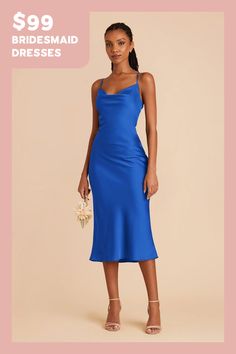 a woman in a blue dress with the words $ 99 bridesmaid dresses