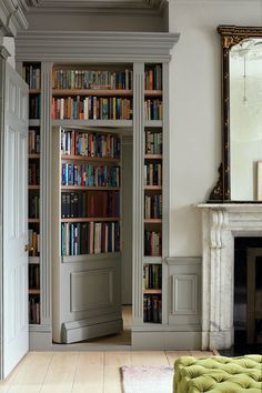 a living room filled with lots of books on top of a book shelf next to a fireplace